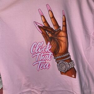 “Clock that tea” Pink Short Sleeve Tee with Graphic Design.